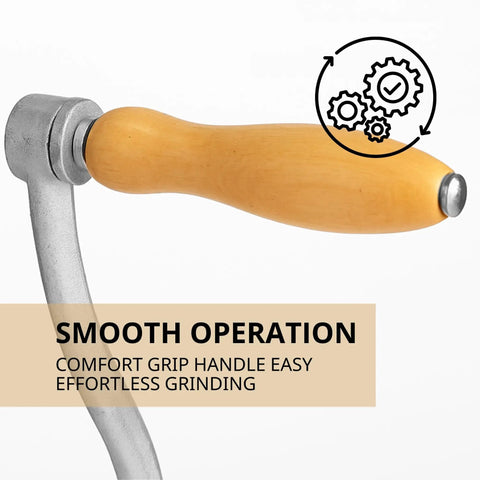 Manual Hand Crank Grain Mill Grinder For Fresh Flour In Minutes With Durable Iron Construction And Clamp Handle For Easy Home Use Perfect For Grinding Corn Wheat Nuts And Other Grains In A Compact Silver Design, focusing on the wooden handle and smooth operation.