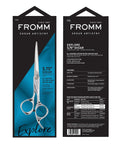 Product packaging of polished silver Japanese steel hair cutting shears with beveled blade, suitable for wet and dry hair.