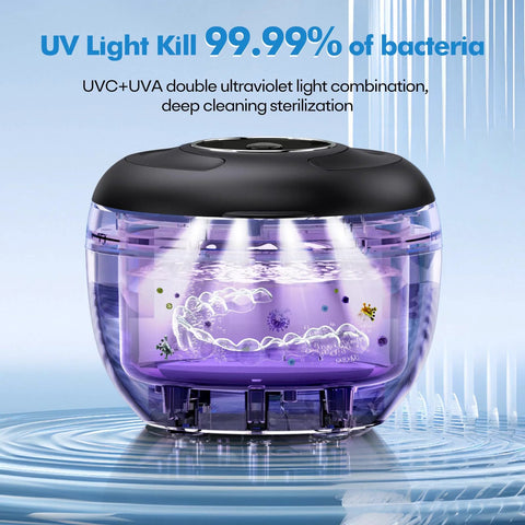 Ultrasonic Retainer Cleaner 45kHz 200ml For Dentures Braces Night Guards Jewelry showing UV light sterilization