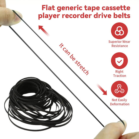 Cassette Tape Drive Belts 4mm Wide 40 To 135mm Lengths 50 Pack Flat Rubber Belts shown stretched and coiled