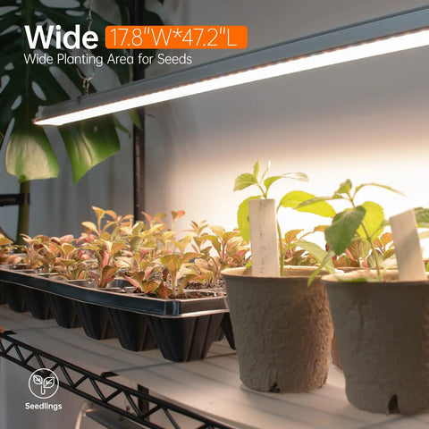 Close-up of Beast 5 Tier Indoor Plant Stand With Grow Lights showing seedlings under full spectrum T5 lights, 47.2in length.
