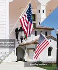 Heavy Duty Aluminum Flag Pole Holder With No Sweat Setup, Adjustable Outdoor Mounting Bracket That Stays Put, Rust Free And Built Tough, Securely Fits Standard One Inch Wooden Poles, Crisp White Finish, showcasing vertical and horizontal mounting.
