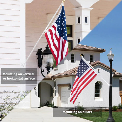 Heavy Duty Aluminum Flag Pole Holder With No Sweat Setup, Adjustable Outdoor Mounting Bracket That Stays Put, Rust Free And Built Tough, Securely Fits Standard One Inch Wooden Poles, Crisp White Finish, showcasing vertical and horizontal mounting.