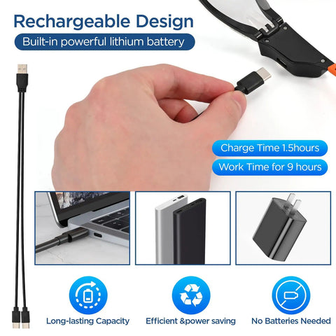 Kickass Rechargeable Led Safety Glasses With Built In Work Lights For Mechanics Auto Repair And Tight Garage Jobs featuring USB-C charging and battery.