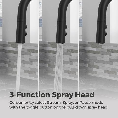 Close-up of 3-function spray head on Zanna Kitchen Faucet With Pull Down Sprayer And Soap Dispenser Single Handle High Arc