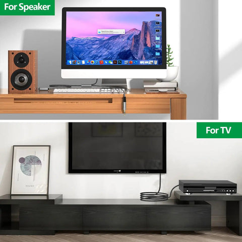 Three In One Beefed Up Shielded One Eighth Inch To Dual Quarter Inch TS Audio Y Cable connected to speaker and TV setup