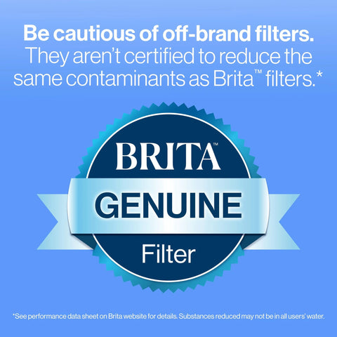 Front view of Brita Genuine Filter badge on a blue background