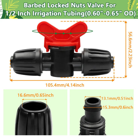 Thirteen Piece One Half Inch Drip Irrigation Shut Off Valves Kit With Barbed Lock Nut Connectors For One Half Inch Drip Tubing Fits 0.60 To 0.65 Inch Outer Diameter Garden System Anti Drop Water Flow Control, close-up of barbed valve with measurement details