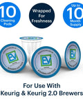 Keurig Descaling Solution Cleaning Pods 10 Pack for Keurig Coffee Makers Descaler Kit Deep Clean Pods displayed with labels