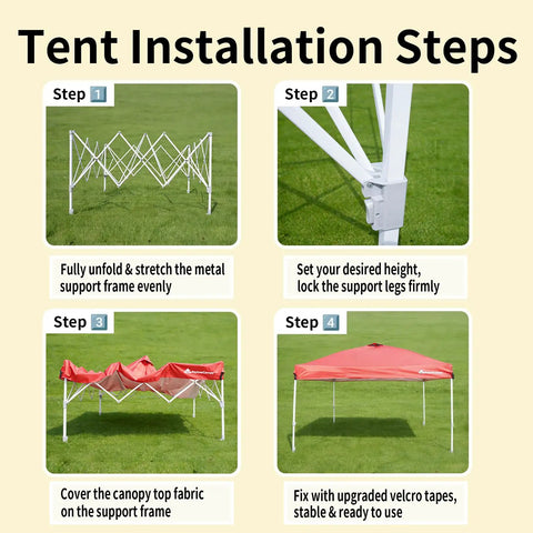 Tent installation steps for 10x10 Pop Up Canopy Tent With Easy Up Setup Waterproof Outdoor Shelter On Wheels Red Ventilated Sun Shade