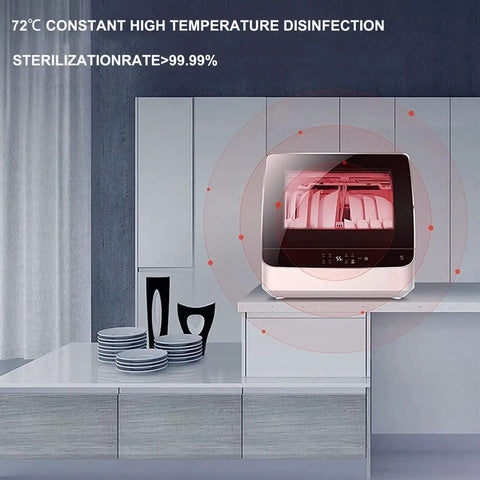Slick Tabletop Dishwasher With Built In Water Tank And Clear Glass Front delivering high-temperature disinfection on a kitchen countertop.