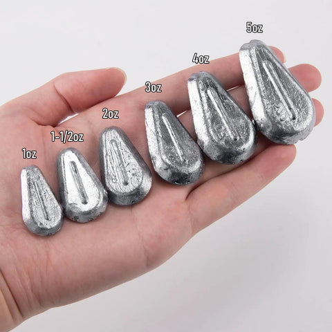 Hand holding various weights of teardrop-shaped lead sinkers labeled 1 oz to 5 oz for freshwater and saltwater fishing