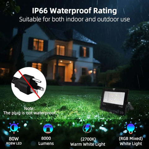 Outdoor LED Flood Light 80W 8000 Lumens Color Changing Smart Floodlight RGBW 2700K Warm White on lawn, IP66 waterproof display