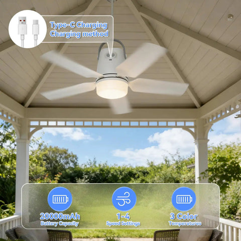 Outdoor Camping Ceiling Fan With Light And Remote, 20 Inch Portable Fan in a gazebo, featuring Type-C charging and settings icons.