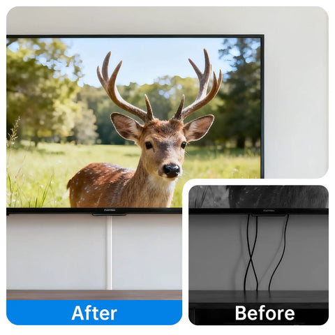Before and after using Large Wall Cord Hider For 3 To 4 Cables With Snap On Design White Cable Management Cover For TV Cables