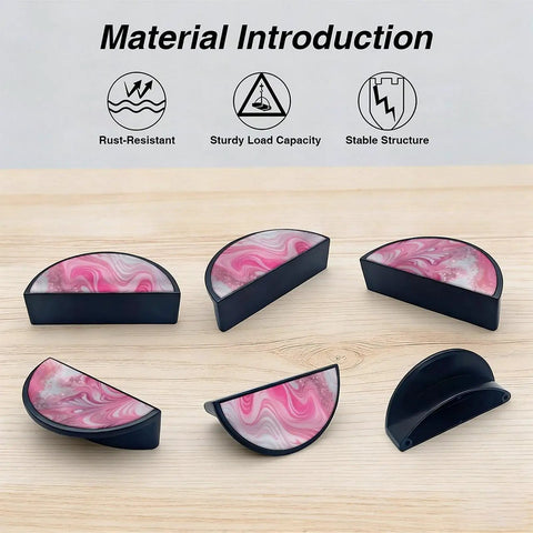 Dope Pink White Glitter Fluid Art Cabinet Pulls with Black Semicircle Drawer Handles displayed on wooden surface