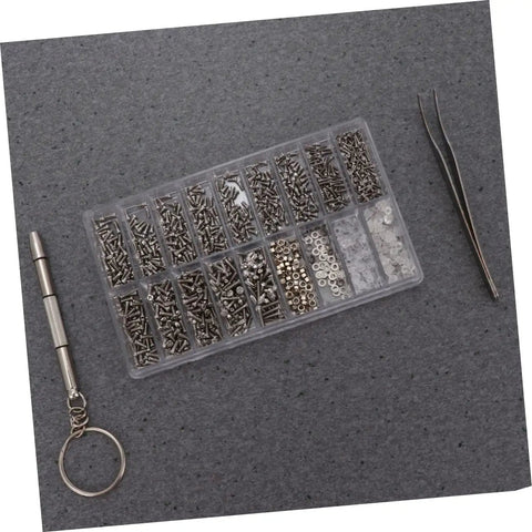 Miniature Screws Kit With 1000 Stainless Steel Screws For Glasses Watch Phone Eyeglass Repair Tool Set Includes Multiple Sizes And Lengths In Clear Box Handy Everyday Home Fixes And Quick Replacement Parts in clear storage box with tweezers and screwdriver.
