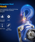 Lever Chain Hoist 3300 Lbs Capacity, 20 Ft Lift, close-up of manganese steel hook with safety features and gear mechanism.