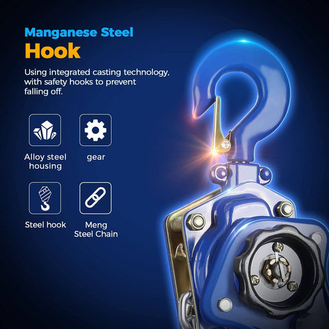Lever Chain Hoist 3300 Lbs Capacity, 20 Ft Lift, close-up of manganese steel hook with safety features and gear mechanism.