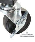 Close-up of caster with locking mechanism for Heavy Duty Rolling Workbench And Creeper Seat For Auto Repair, 300 lb capacity.