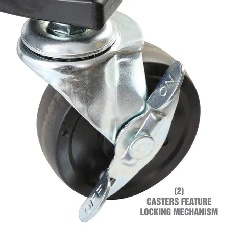 Close-up of caster with locking mechanism for Heavy Duty Rolling Workbench And Creeper Seat For Auto Repair, 300 lb capacity.