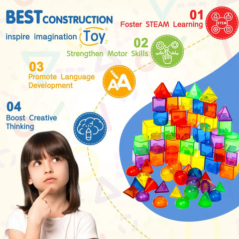 Child thinking next to 60-Piece Kid-Friendly 3D Shapes For Kids Translucent Geometric Set For Light Table Play And STEM Learning