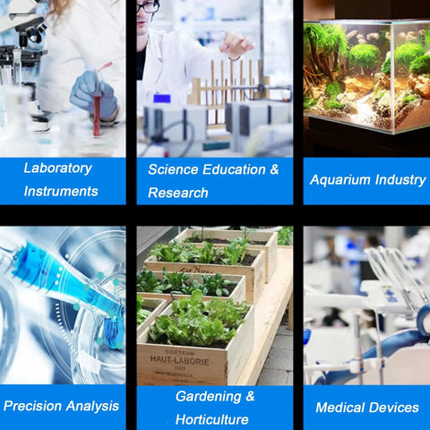 Collage of various industries including lab research, science education, gardening, aquarium, and medical devices.