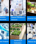 Collage of six sectors: laboratory, science education, aquarium, precision analysis, gardening, and medical devices