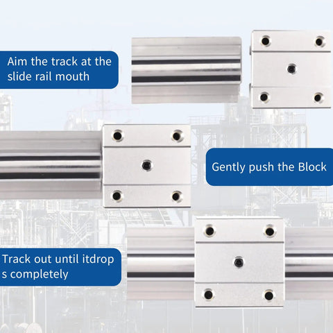 SBR16 Linear Rail Kit Including Two 400 Mm Shafts And Four Precision Carriage Bearing Blocks, showing assembly process and components.