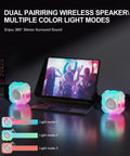 Shower Bluetooth Speaker Waterproof IPX7 With Floating Design And LED Light shown next to a laptop with color modes.