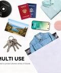 14.5 By 19 Inch White Poly Mailers Pack Of 5 For Shipping Documents Books Magazines And Clothing Durable Tear Resistant Bags shown with various items like passport, keys, and clothing.