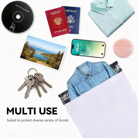 14.5 By 19 Inch White Poly Mailers Pack Of 5 For Shipping Documents Books Magazines And Clothing Durable Tear Resistant Bags shown with various items like passport, keys, and clothing.