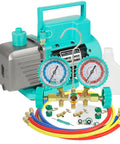 Heavy Duty Garage Staple 4.5 Cfm 1 3 Hp Vacuum Pump paired with 3 Way Brass AC Manifold Gauge Set showing hoses and fittings.