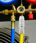 Heavy Duty Workhorse Stainless Steel Air Hose Coupler Quick Connect Pneumatic Fitting with yellow and blue hoses.