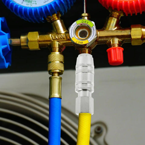 Heavy Duty Workhorse Stainless Steel Air Hose Coupler Quick Connect Pneumatic Fitting with yellow and blue hoses.