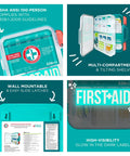 Be Smart Get Prepared 326-piece teal first aid kit collage: front view, interior compartments, wall-mount, glow label.