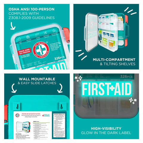 Be Smart Get Prepared 326-piece teal first aid kit collage: front view, interior compartments, wall-mount, glow label.