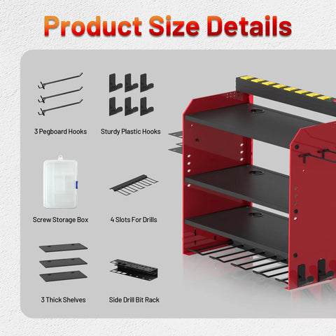 Power Tool Organizer Wall Mount With Charging Station For Garage And Workshop Eight Outlet Charger Holds Drills And Tools With Adjustable Rack And Multiple Hooks A Space Saving Gift For Fathers Day; components displayed including hooks, shelves, and drill slots.