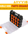 34-Compartment Double-Sided Parts Organizer With Removable Dividers, shown open with orange latches and clear lids, ideal for storage.