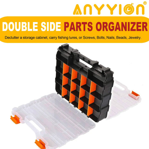 34-Compartment Double-Sided Parts Organizer With Removable Dividers, shown open with orange latches and clear lids, ideal for storage.