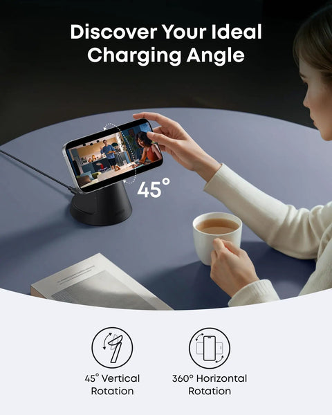 Person adjusting MagSafe 15W Wireless Charger Dock For iPhone 17 16 15 14, Apple Watch And AirPods, 3-In-1 MagGo Nano Charging Stand