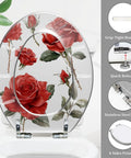 Quiet Close Elongated Toilet Seat for Bathroom with rose design, stainless steel hinges, and grip-tight bumpers.