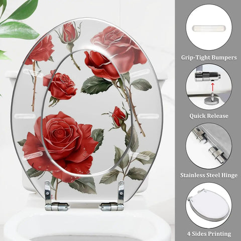 Quiet Close Elongated Toilet Seat for Bathroom with rose design, stainless steel hinges, and grip-tight bumpers.