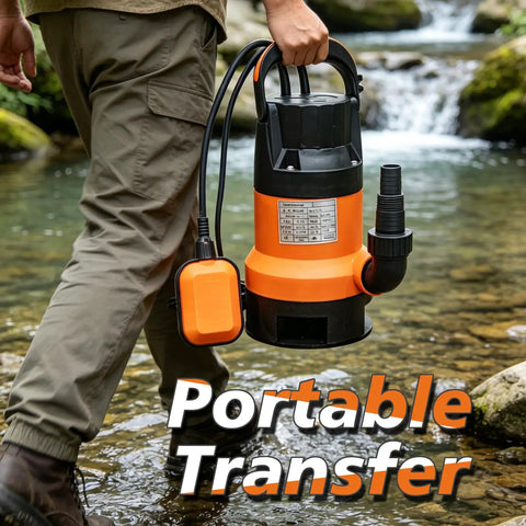 Heavy Duty 0.5Hp Submersible Water Pump With Auto Float Switch in use by a person near a stream.