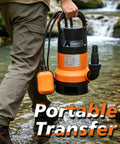 Heavy Duty Submersible Sump Pump With Auto Float Switch And Killer High Flow 0.5Hp Motor outdoors by a stream.