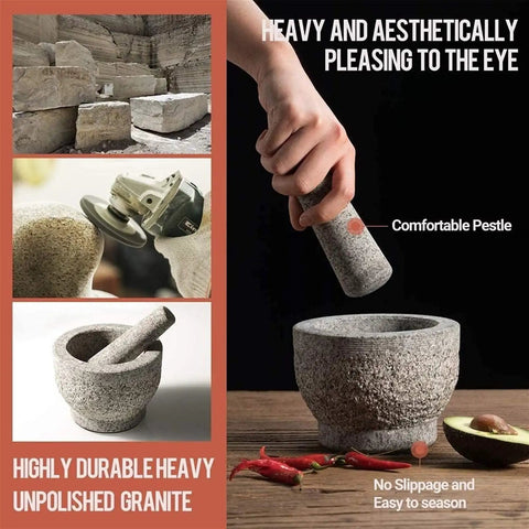 Unpolished Granite Mortar And Pestle Set With Silicone Lid 2 Cup Capacity Garlic Peeler Non Slip Pad 5.5 Inch Spice Grinder