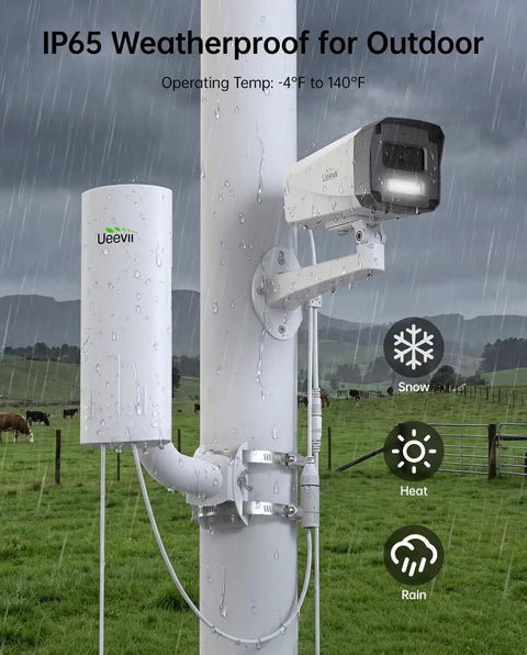 Long Range Wireless Bridge Kit With 3MP IP Camera For Barns, Farms, Ranches, Warehouses And Factories Security, mounted in rain