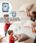 Carbon Monoxide Detector Lock Box With 2 Keys installed on wall, children playing with pillows nearby