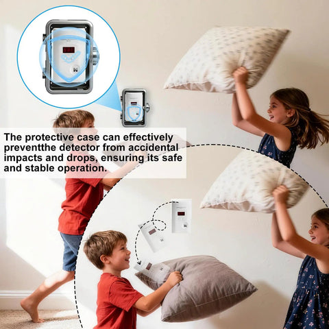 Carbon Monoxide Detector Lock Box With 2 Keys installed on wall, children playing with pillows nearby
