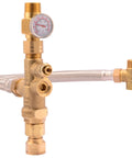 Front view of brass 3/4-inch tank booster valve with thermostatic mixing, temperature gauge, and braided hose.